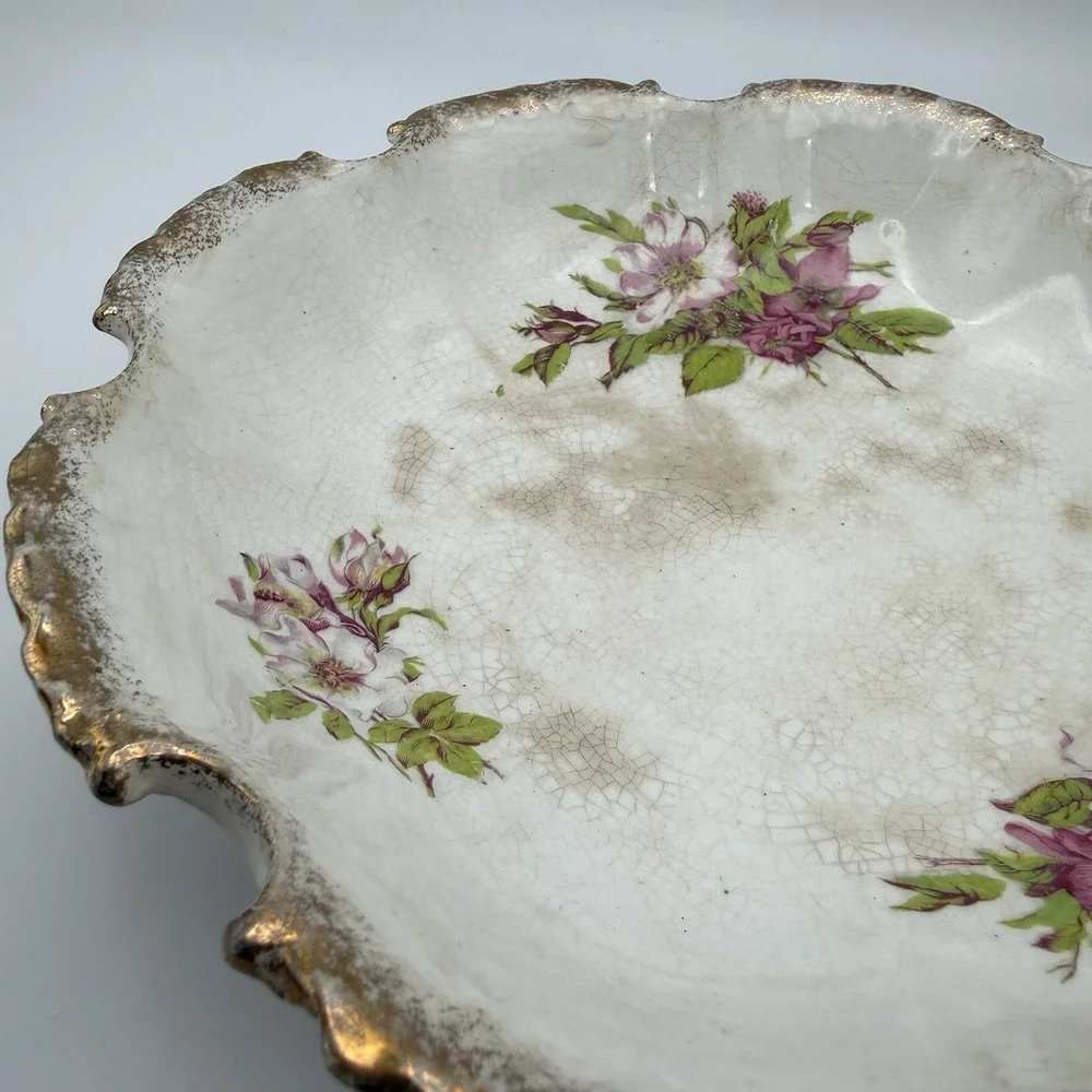 Vintage Dresden China‎ Thistle Floral Transferware Serving Bowl Dish Stain Decor